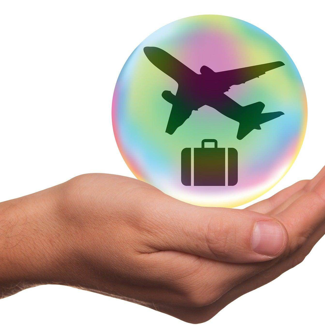 Hand holding a bubble icon with an airplane and suitcase symbolizing travel insurance for vacations