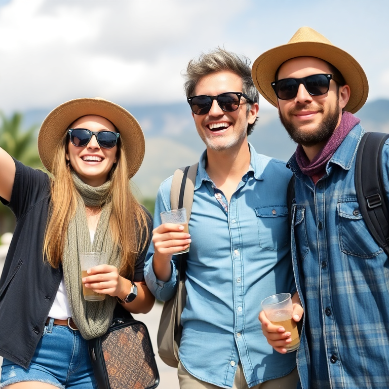 casual dressed travelers excited for their vacation