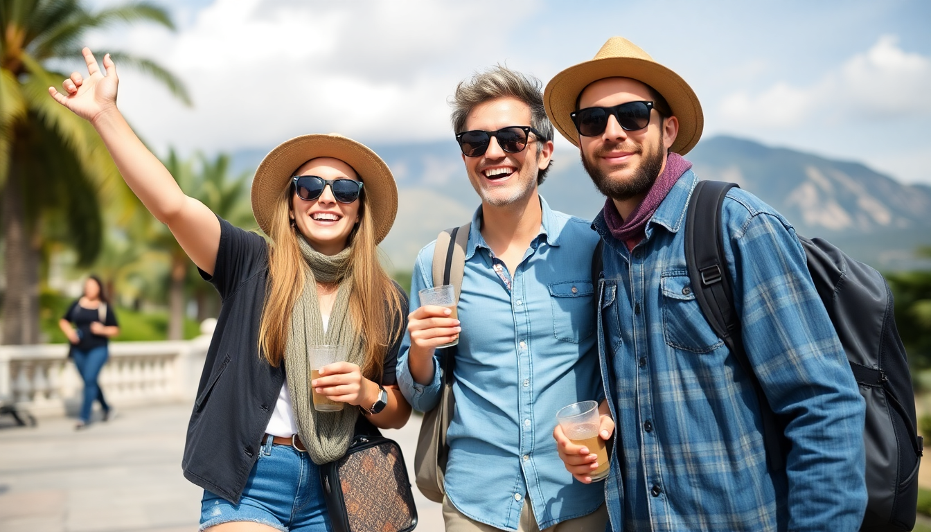 casual dressed travelers excited for their vacation