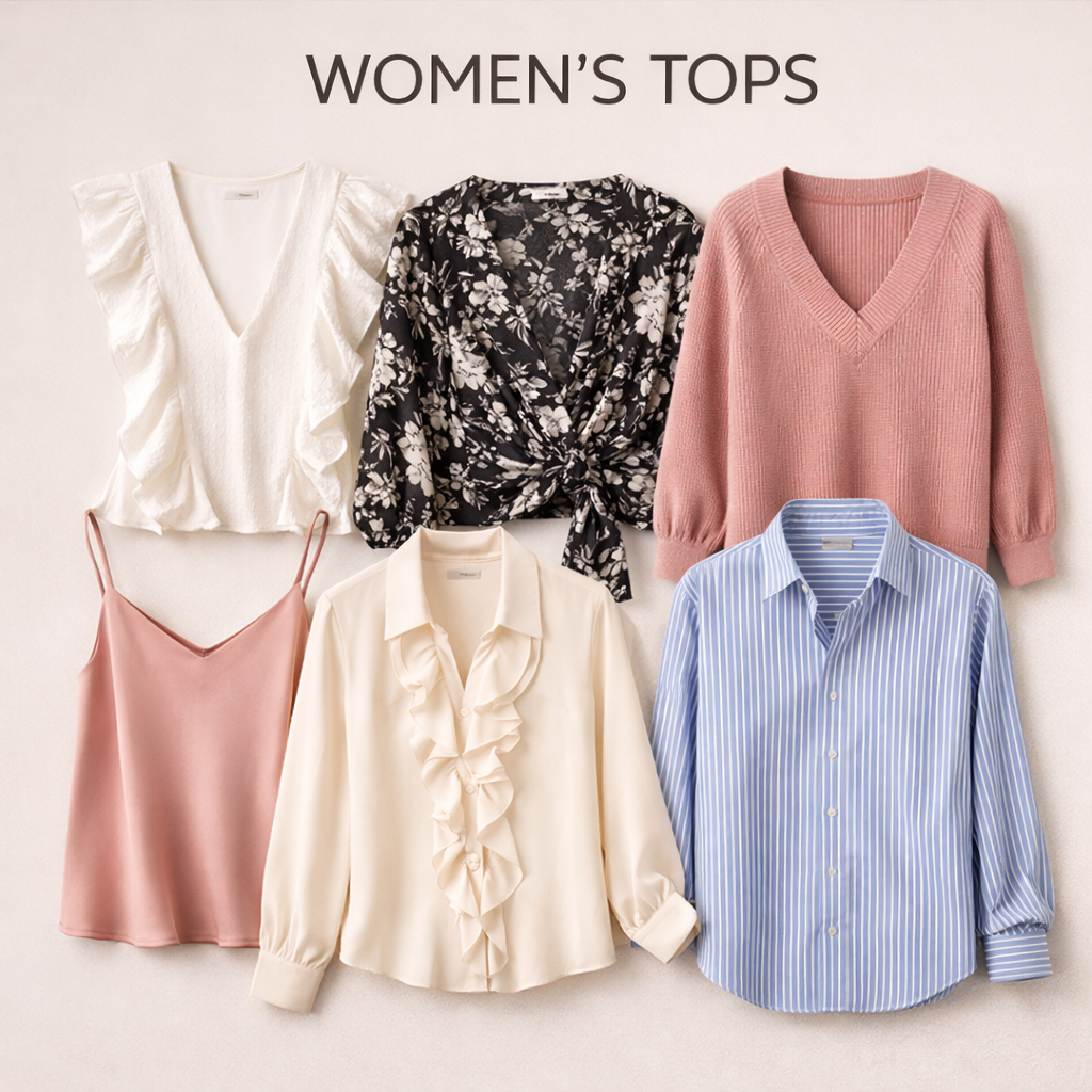 Collection of stylish women's tops featuring trendy tops for women in various colors and styles