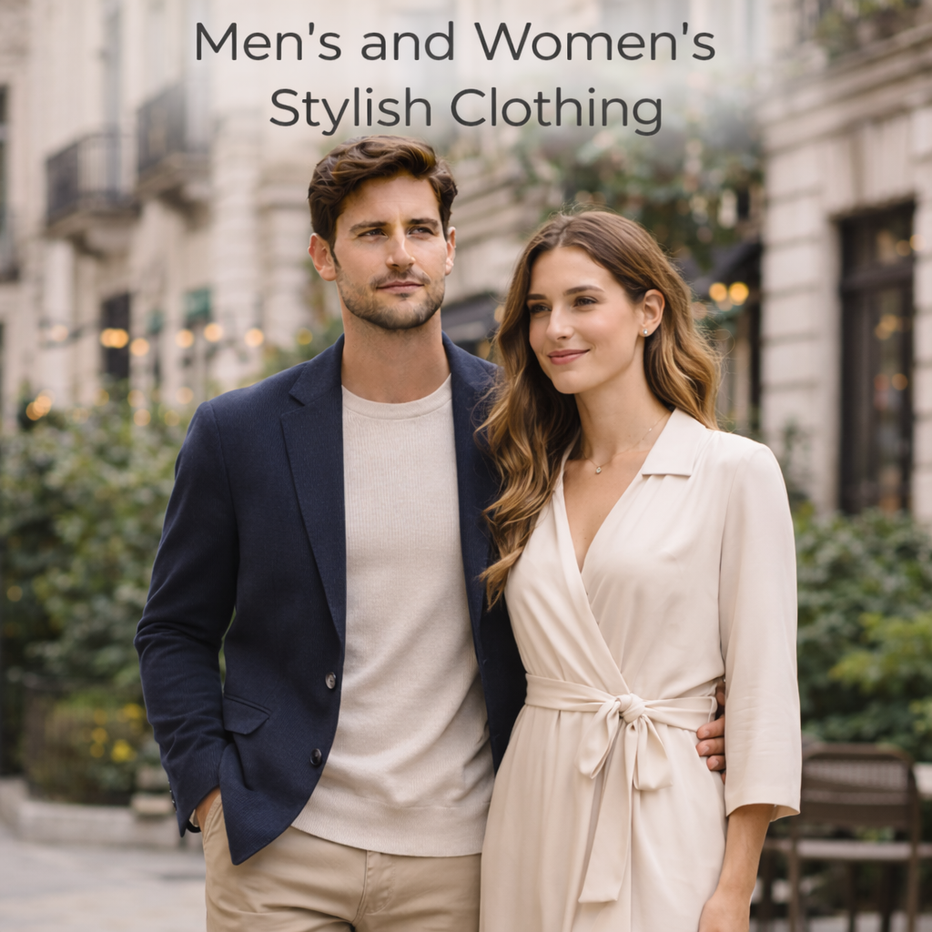 Men's stylish blazer and women's elegant dress for vacation outings