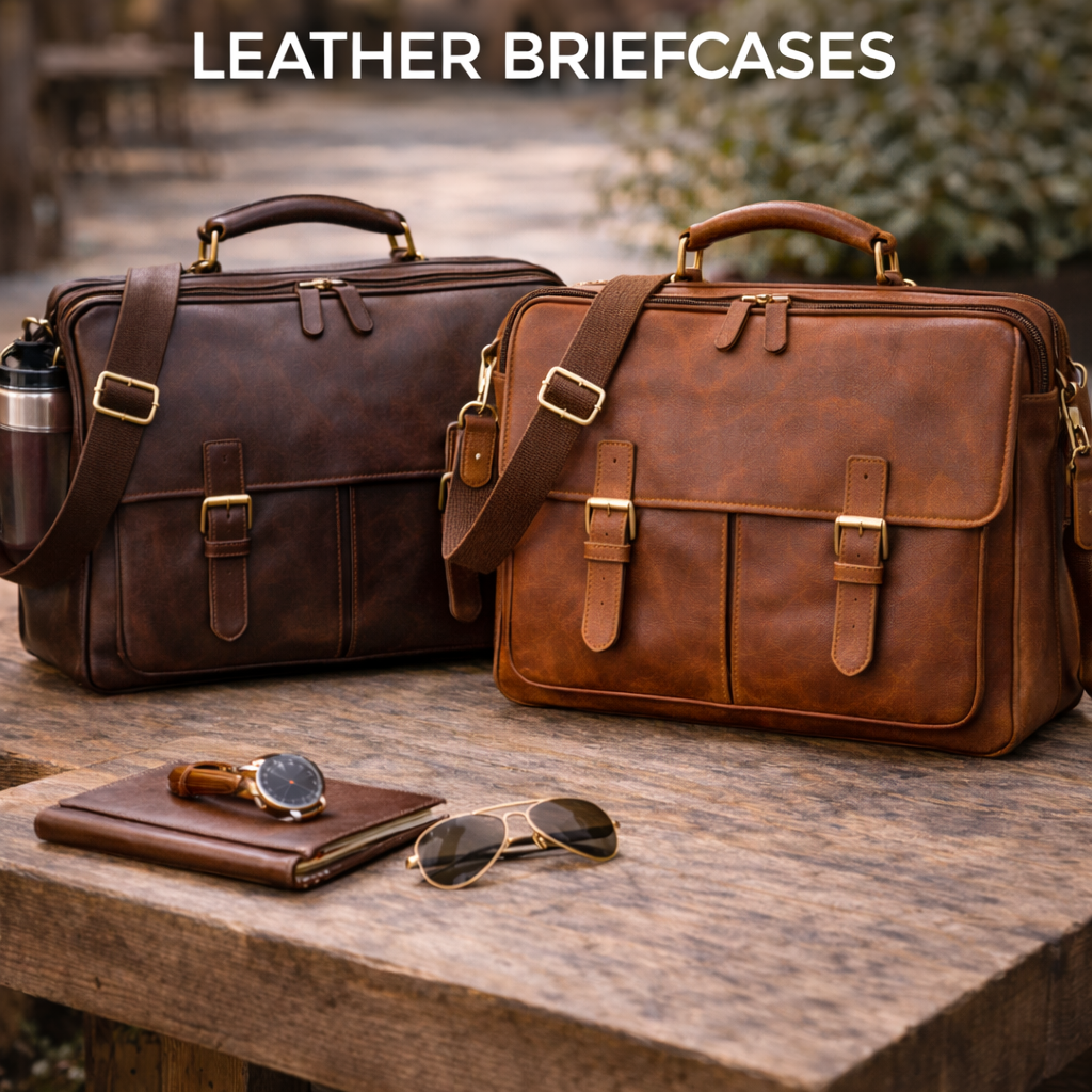 Stylish leather briefcases for professionals displayed alongside accessories on a wooden table