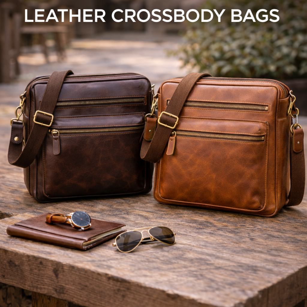 Stylish collection of best leather crossbody bags for vacation displayed with accessories on a wooden table