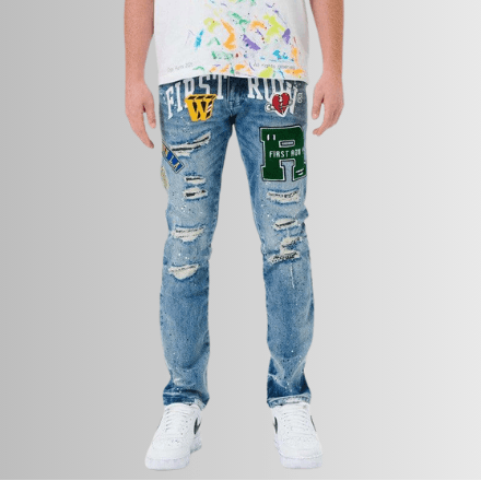 Stylish casual vacation jeans for men with distressed details and trendy patches for a fashionable look