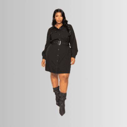 Chic plus size vacation clothing featuring a stylish black shirt dress with a belted waist