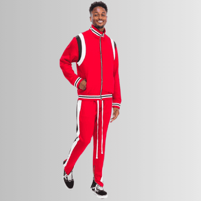 Stylish men's athletic clothing featuring a vibrant red tracksuit for gym and casual workouts