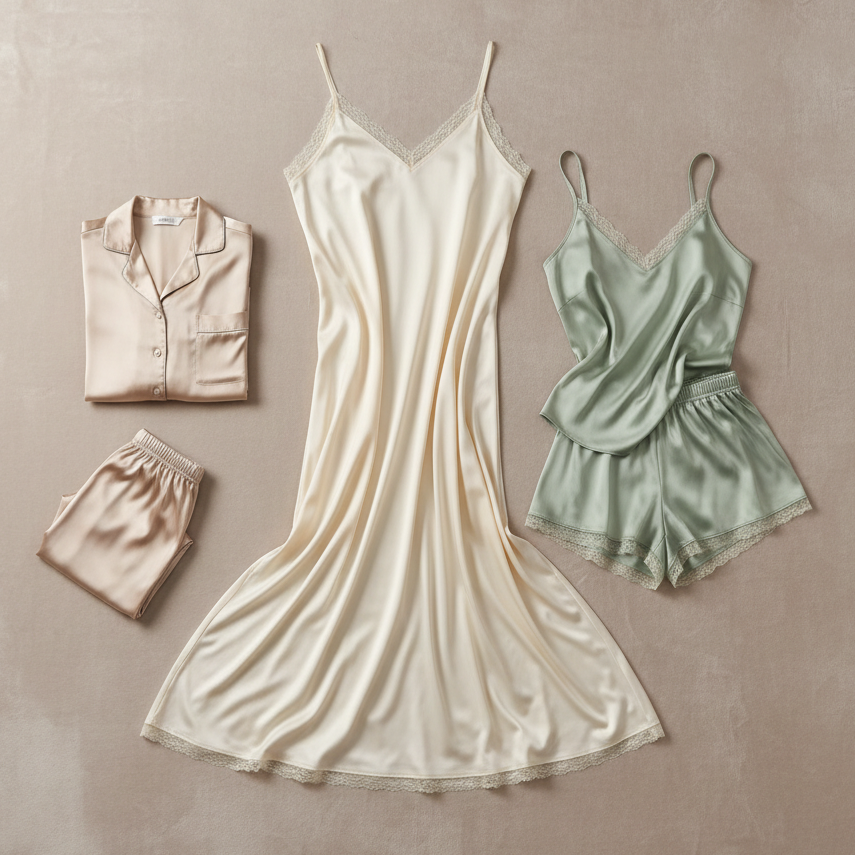 luxurious satin sleepwear set, soft colors, ideal for comfort