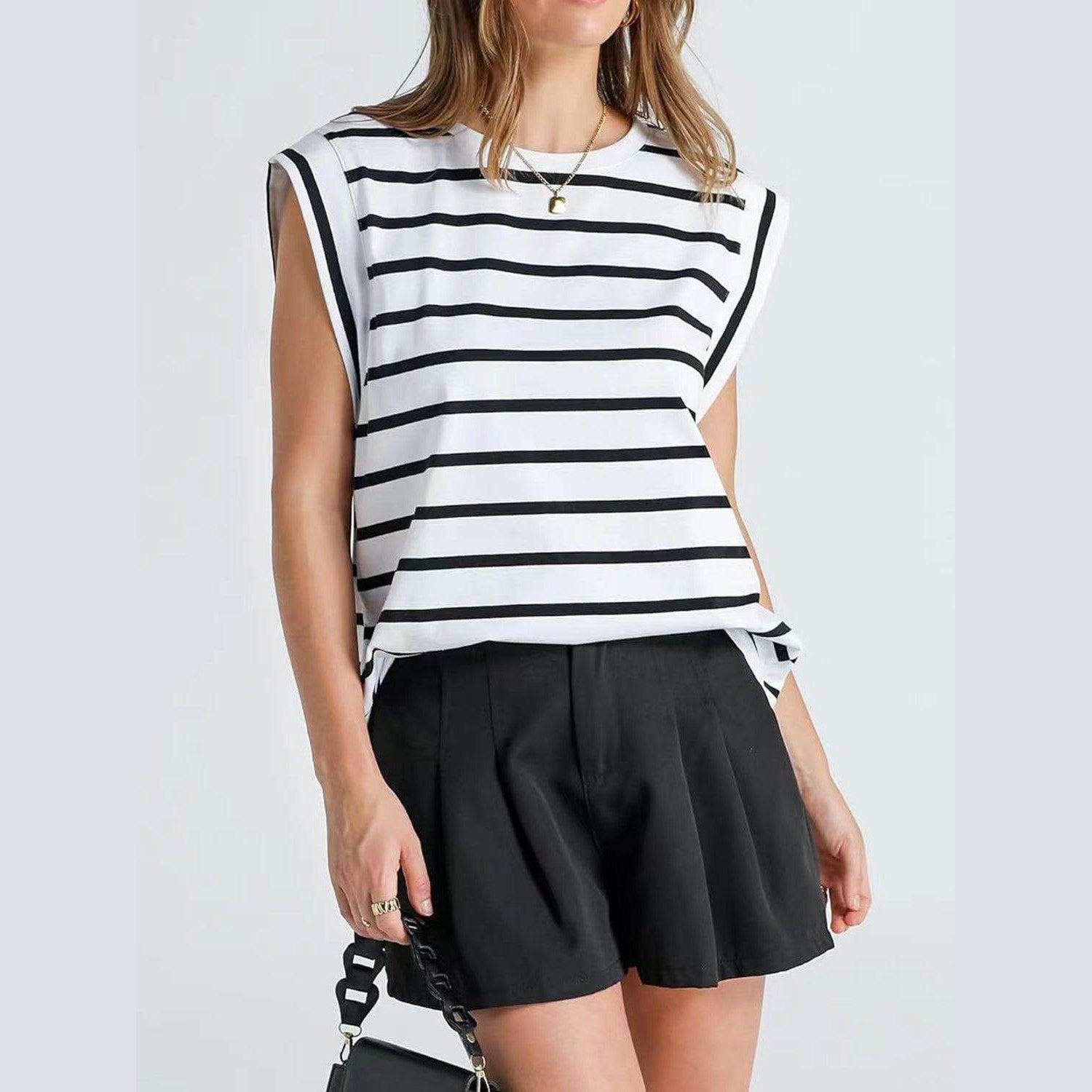 Striped Round Neck Cap Sleeve T-Shirt - VacationGrabs