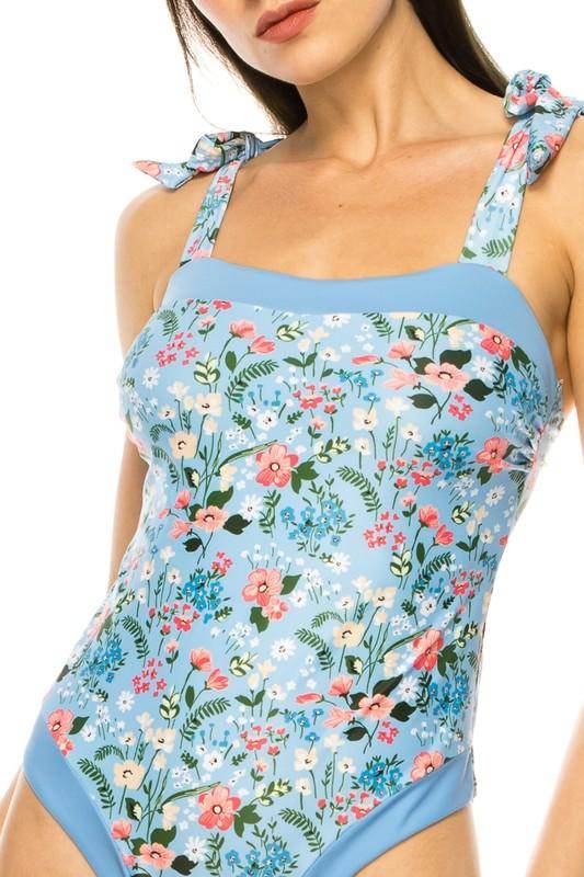 One Piece Bathing Suit Floral Print Tie Straps - VacationGrabs