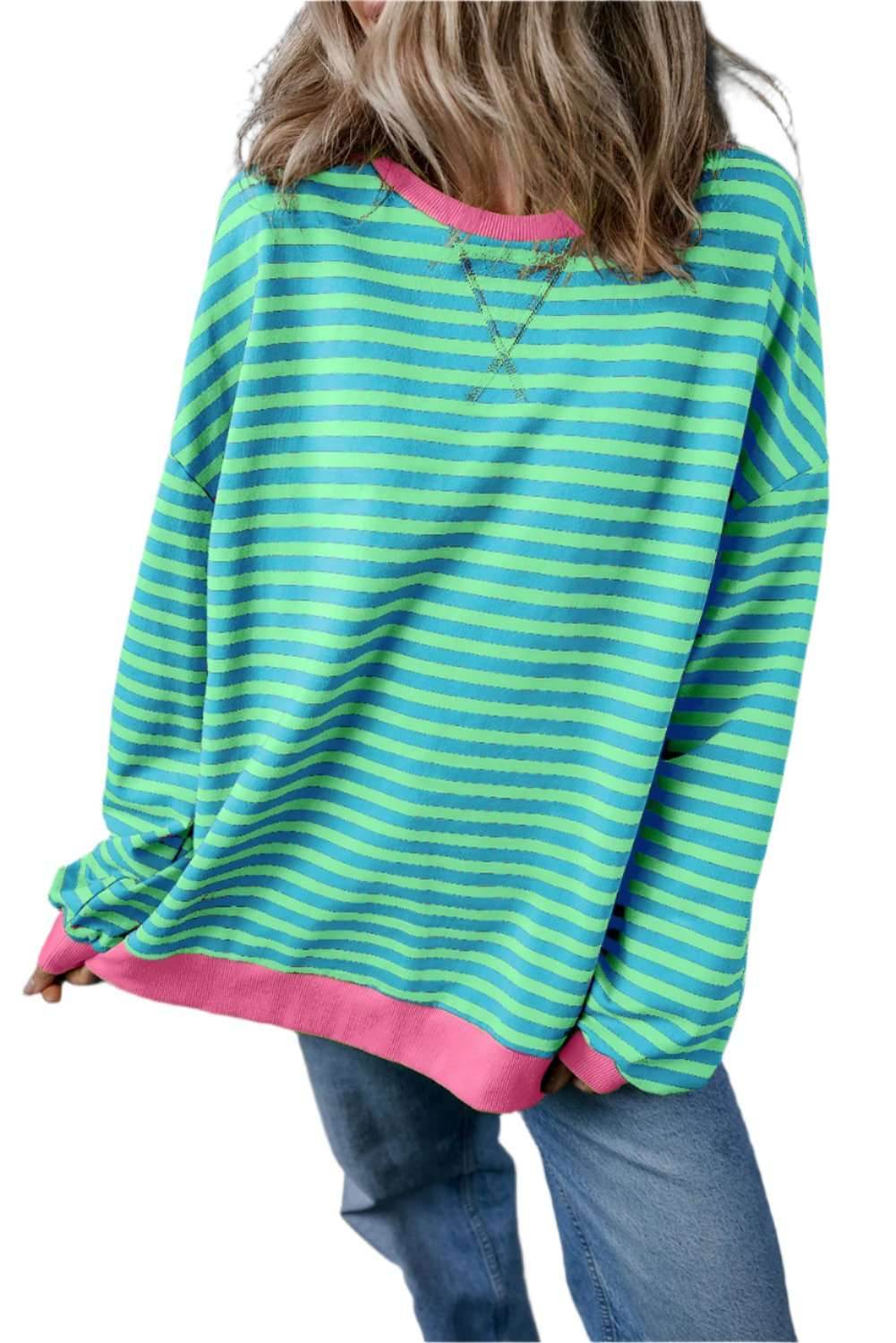 Sky Blue Stripe Oversized Contrast Trim Pullover Sweatshirt - VacationGrabs