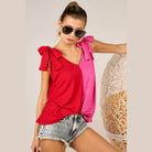 BiBi Shoulder Ribbon Tied Contrast Tank - VacationGrabs