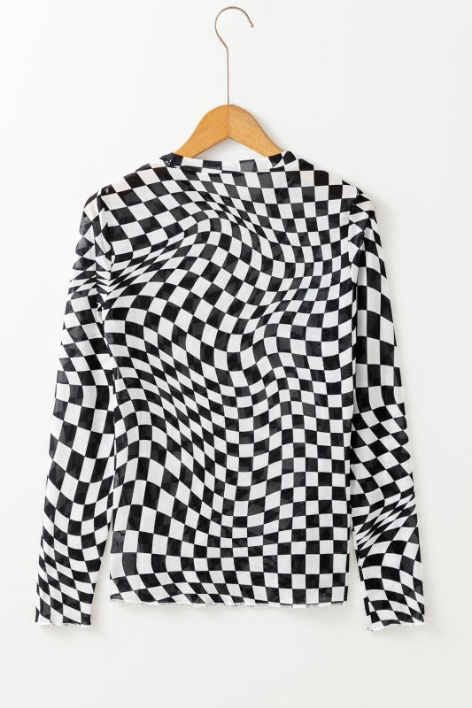 Long sleeve checkerboard shirt women with a unique distorted pattern in black and white