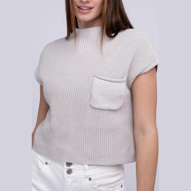 Mock Neck Short Sleeve Cropped Sweater - VacationGrabs