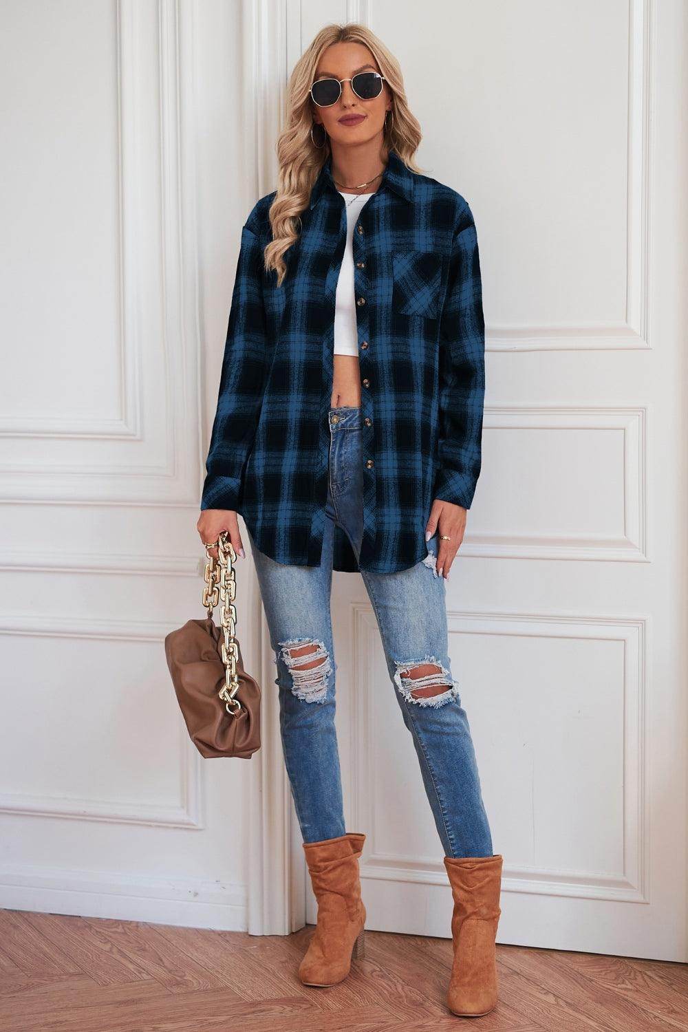 Plaid Button Up Dropped Shoulder Outerwear - VacationGrabs