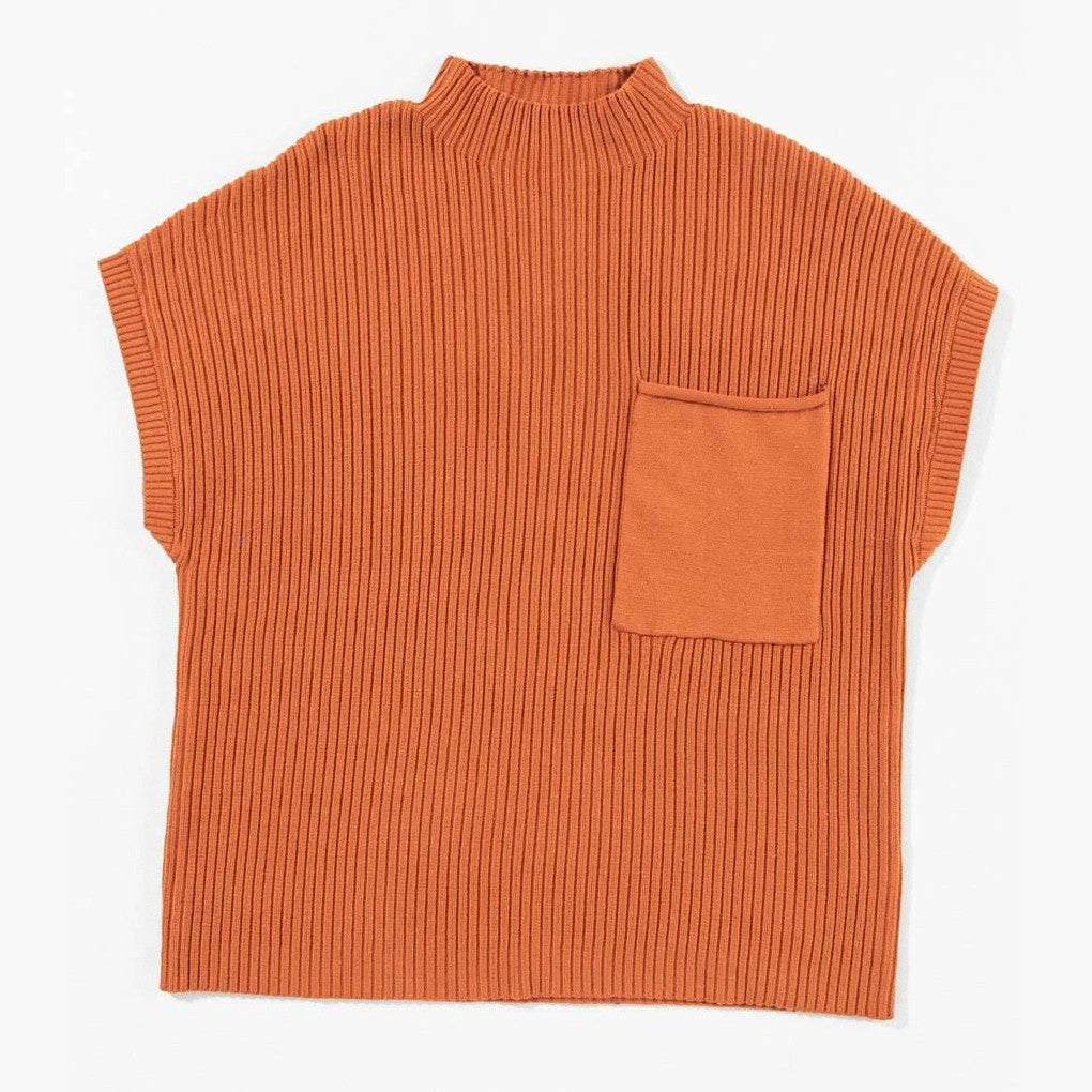 Gold Flame Patch Pocket Ribbed Knit Short Sleeve Sweater - VacationGrabs