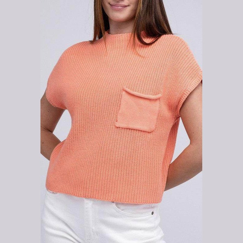 Mock Neck Short Sleeve Cropped Sweater - VacationGrabs