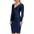 Long Sleeve Shiny Tricot Overlap Midi Dress - VacationGrabs