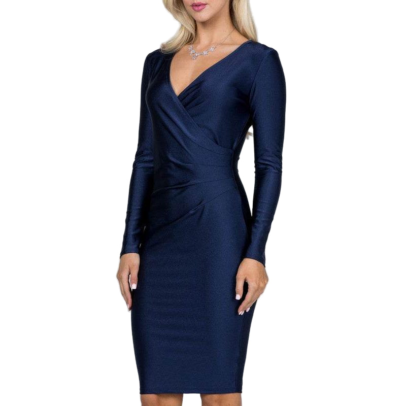 Long Sleeve Shiny Tricot Overlap Midi Dress - VacationGrabs