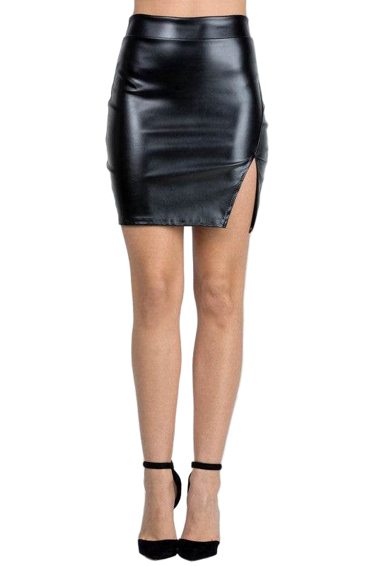 Open side slit PU leather mini skirt - VacationGrabs