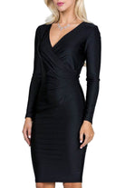 Long Sleeve Shiny Tricot Overlap Midi Dress - VacationGrabs