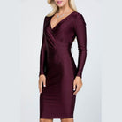 Long Sleeve Shiny Tricot Overlap Midi Dress - VacationGrabs