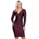 Long Sleeve Shiny Tricot Overlap Midi Dress - VacationGrabs