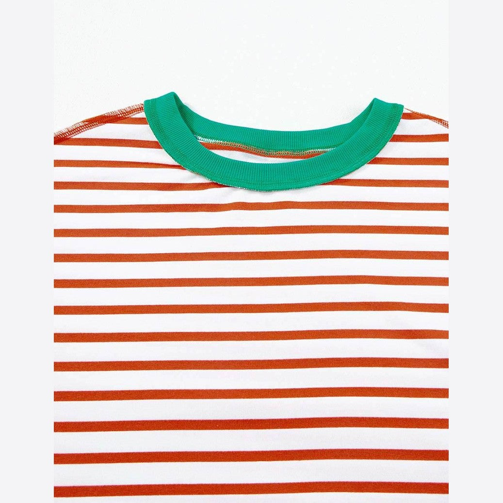 Orange Stripe Oversized Contrast Trim Exposed Seam High Low T Shirt - VacationGrabs