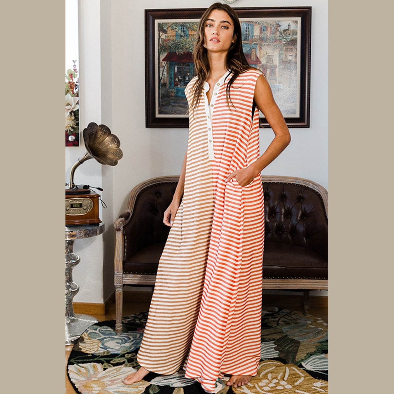 Orange Stripe Oversized Buttoned Front Sleeveless Wide Leg Jumpsuit - VacationGrabs