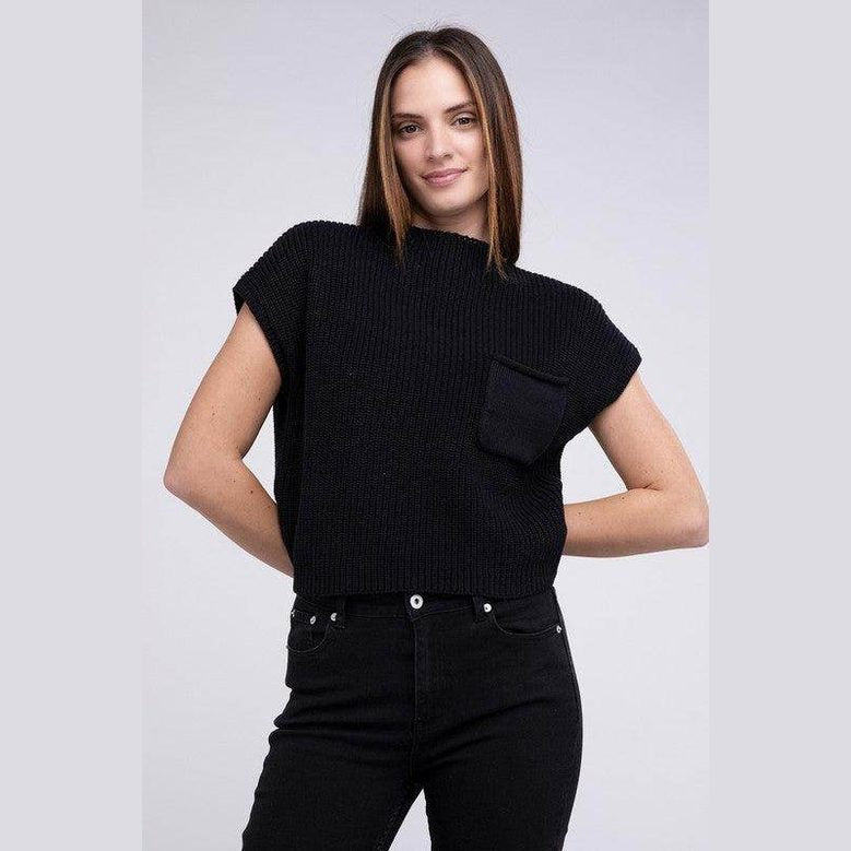 Mock Neck Short Sleeve Cropped Sweater - VacationGrabs