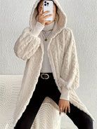 Open Front Long Sleeve Fuzzy Hooded Jacket - VacationGrabs