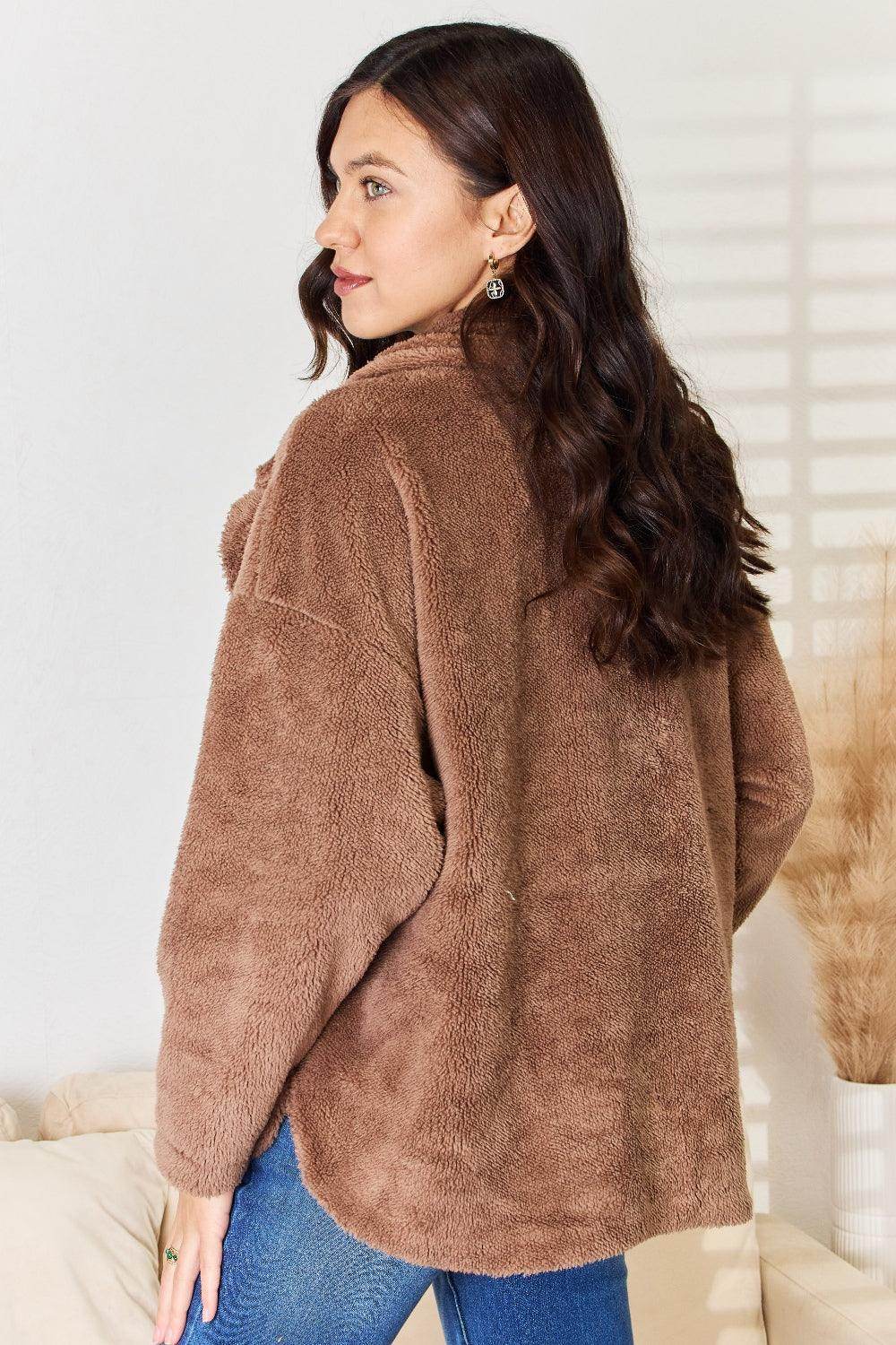 Taupe Double Breasted Fuzzy Coat - VacationGrabs