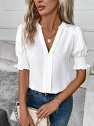 Notched Short Sleeve Blouse - VacationGrabs