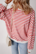 JUNIPER BLVD striped drop shoulder sweatshirt in red and white with relaxed fit design