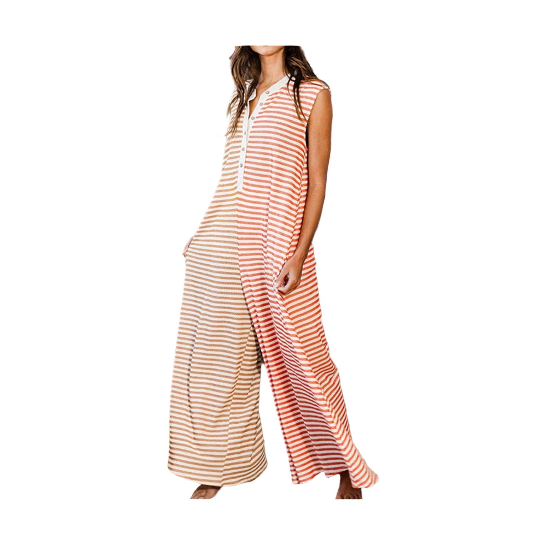 Orange Stripe Oversized Buttoned Front Sleeveless Wide Leg Jumpsuit - VacationGrabs