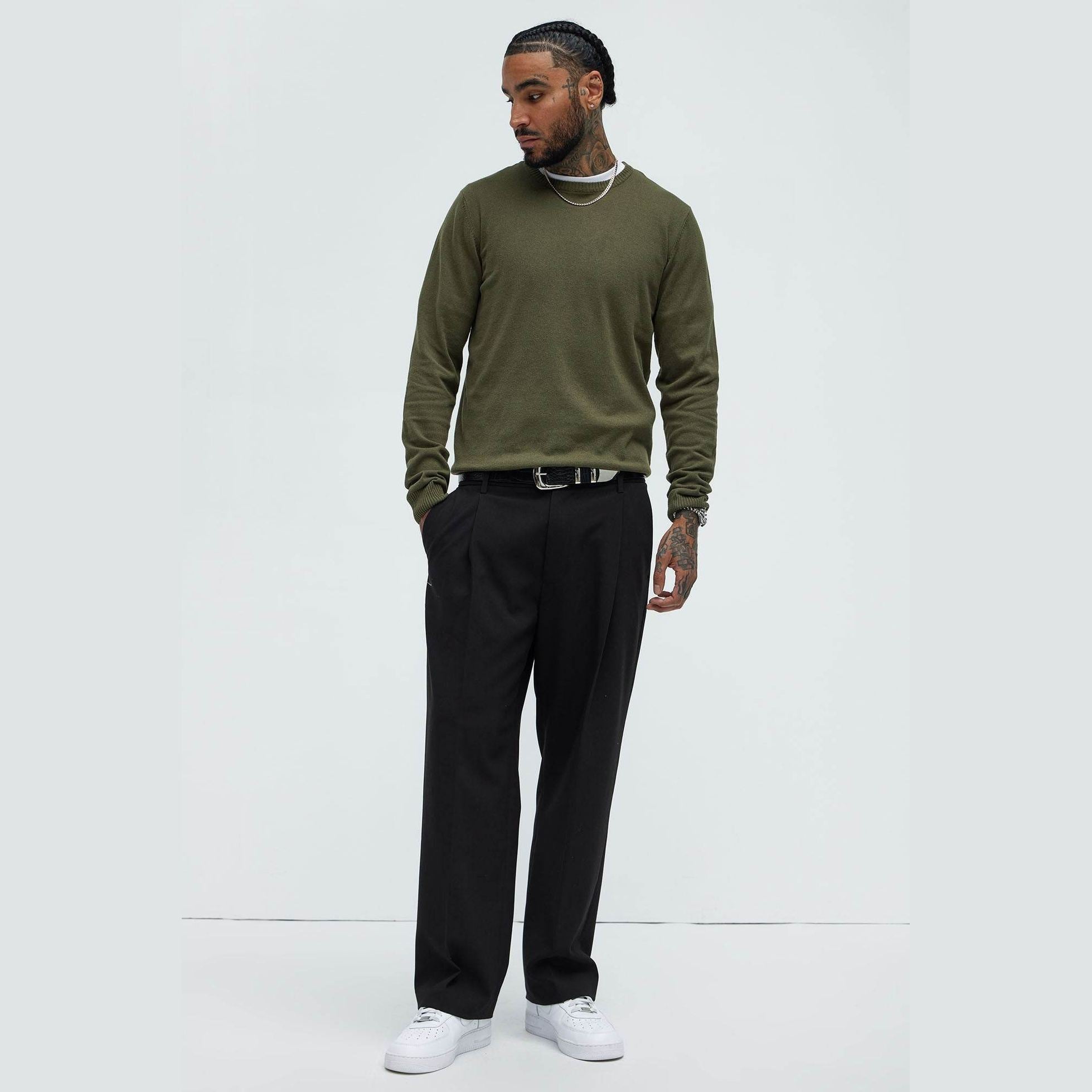 Mens Olive Green Crewneck Sweater - VacationGrabs