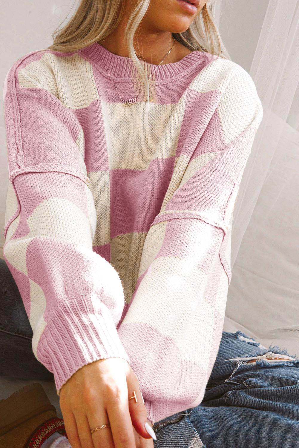 Pink Checkered Bishop Sleeve Sweater - VacationGrabs