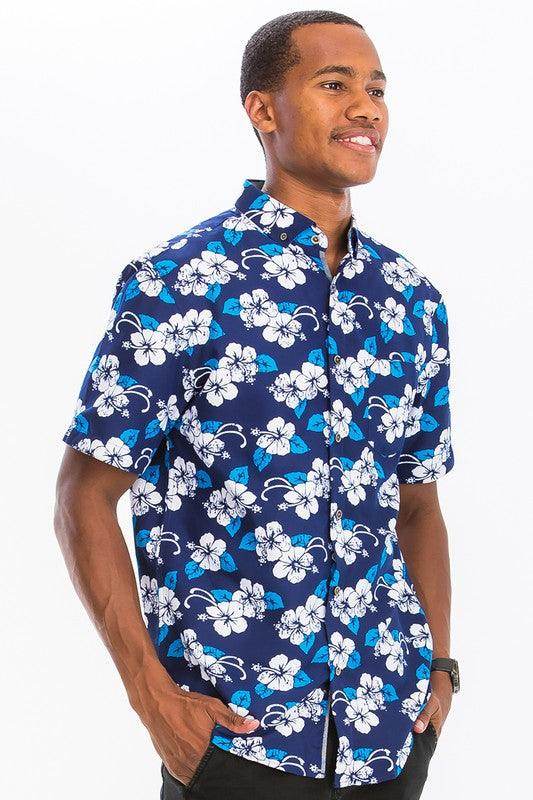 Blue Multi Print Hawaiian Button Down Shirt - VacationGrabs
