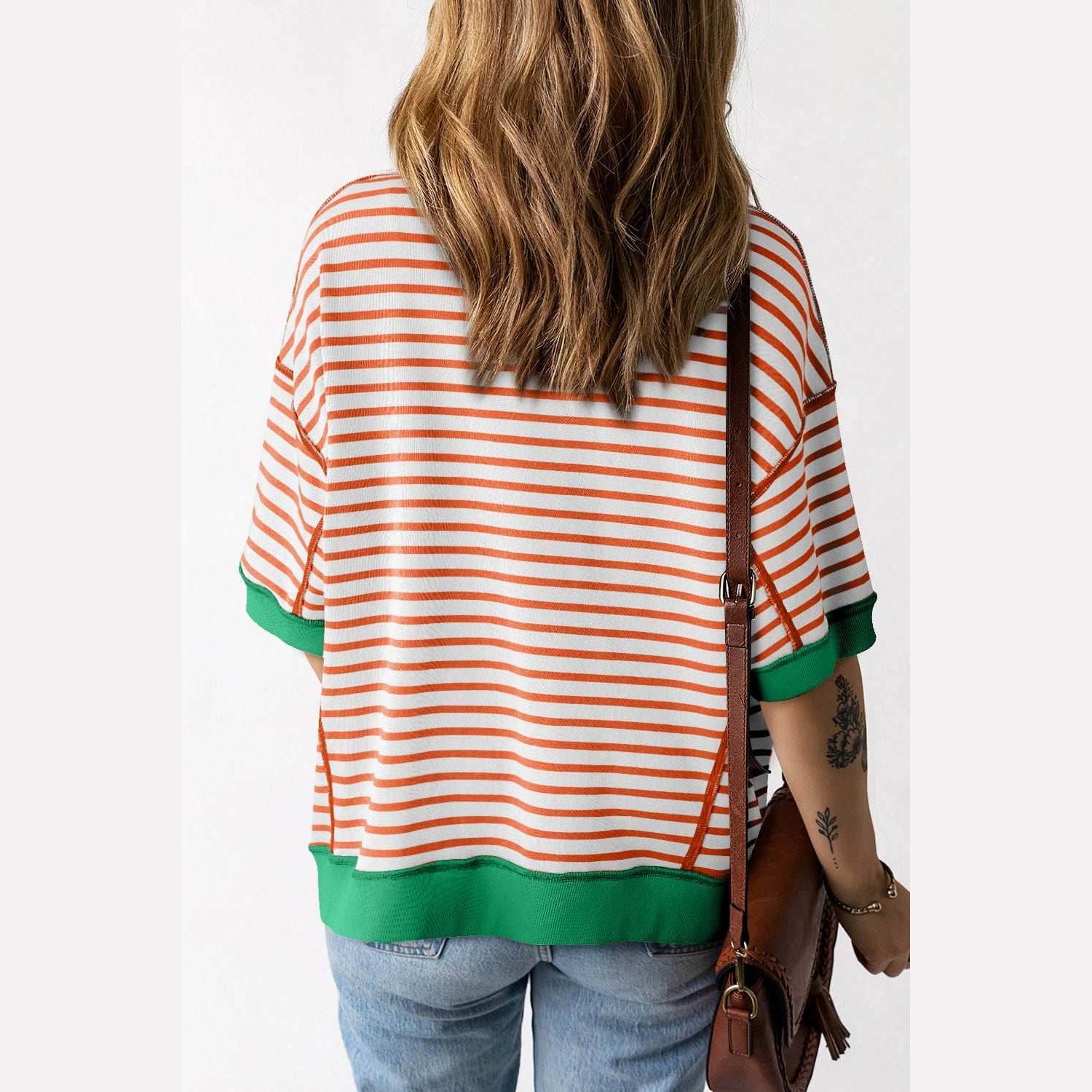 Orange Stripe Oversized Contrast Trim Exposed Seam High Low T Shirt - VacationGrabs