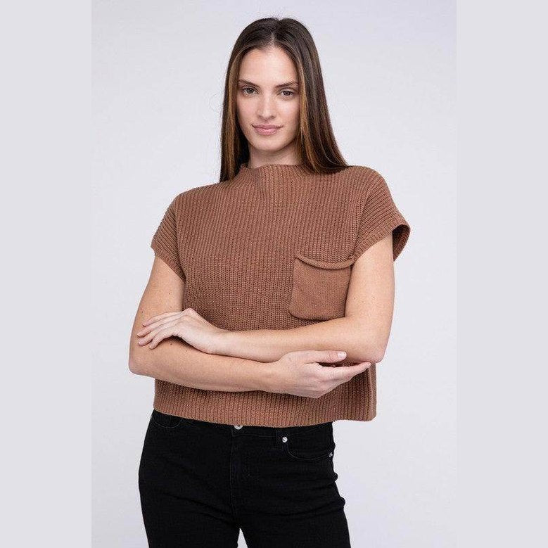 Mock Neck Short Sleeve Cropped Sweater - VacationGrabs