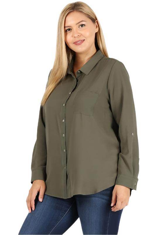 Plus Size Koshibo Roll Up Sleeve Top - VacationGrabs