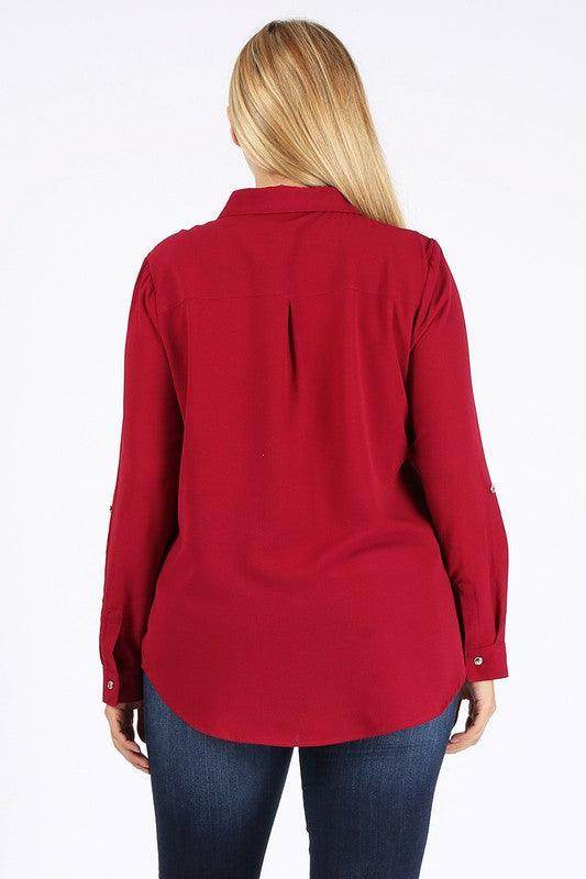 Plus Size Koshibo Roll Up Sleeve Top - VacationGrabs