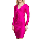 Long Sleeve Shiny Tricot Overlap Midi Dress - VacationGrabs