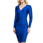 Long Sleeve Shiny Tricot Overlap Midi Dress - VacationGrabs