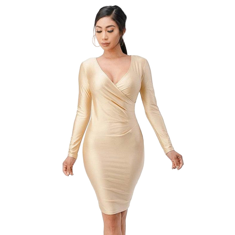 Long Sleeve Shiny Tricot Overlap Midi Dress - VacationGrabs