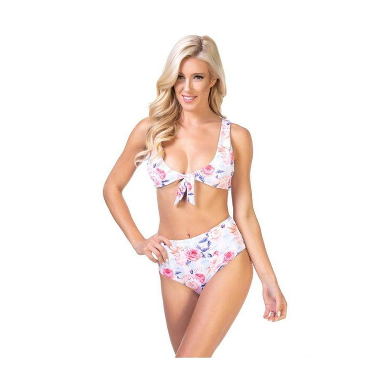 Floral Print And Striped Pattern Bikini - VacationGrabs