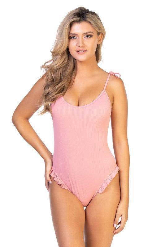 Pink Ribbed Ruffle One Piece Swimsuit - VacationGrabs