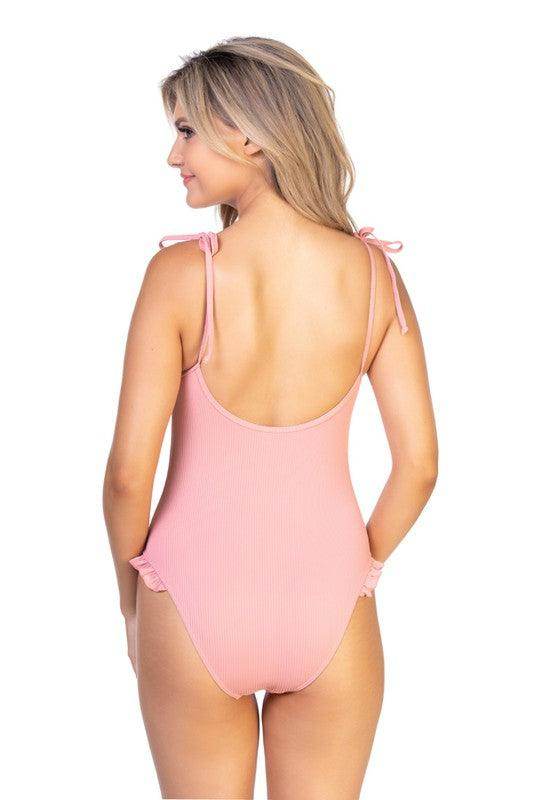 Pink Ribbed Ruffle One Piece Swimsuit - VacationGrabs