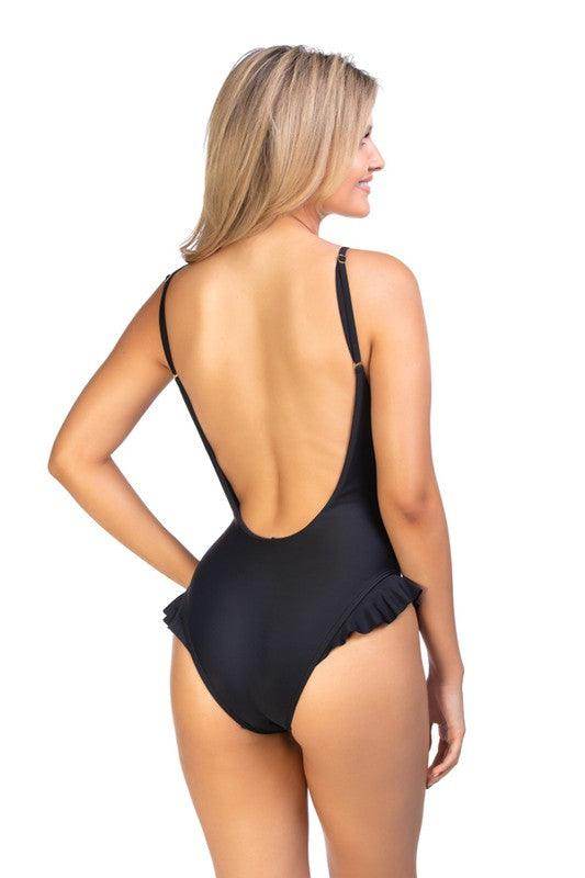Solid One Piece Swimsuit With Ruffle Detail - VacationGrabs