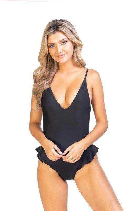 Solid One Piece Swimsuit With Ruffle Detail - VacationGrabs