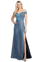 Off Shoulder Glittery Jacquard Gathered Gown - VacationGrabs